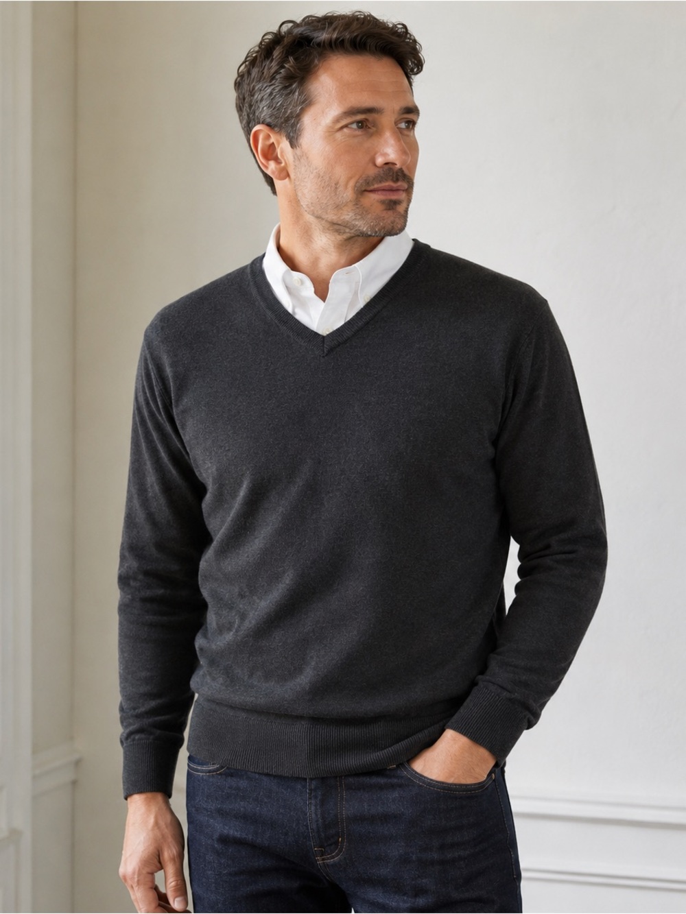 Club Room Merino Wool V-Neck Sweater – Dark Charcoal Classic Preppy Knit
